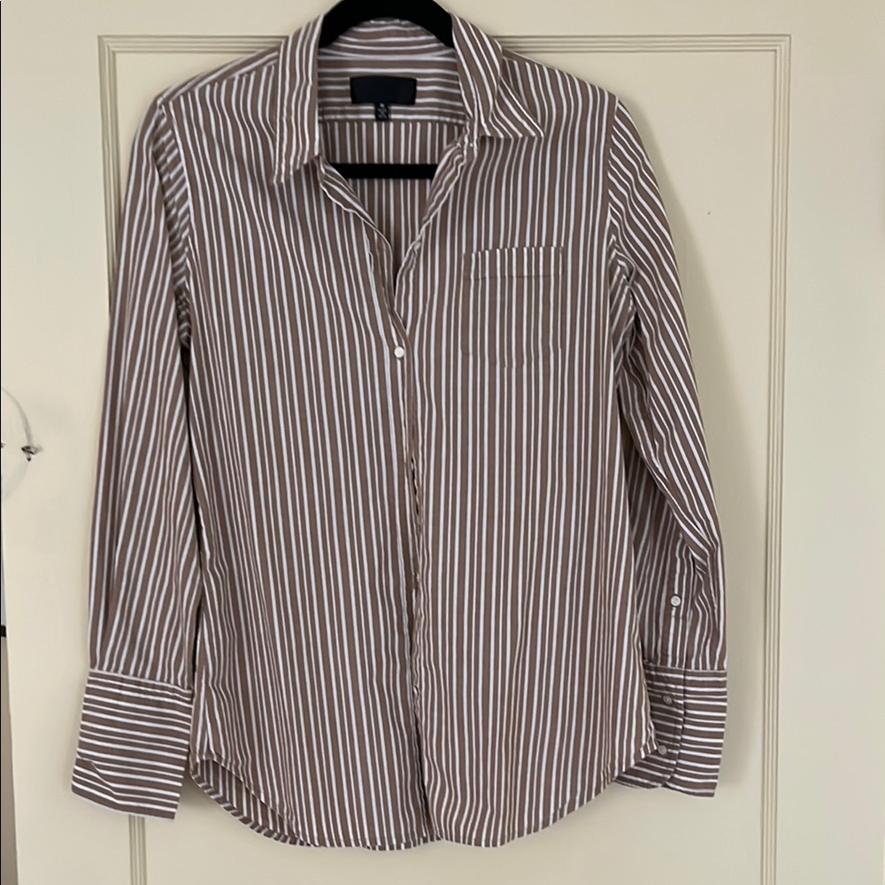 Nili Lotan Brown and White Striped Button Down Shirt
